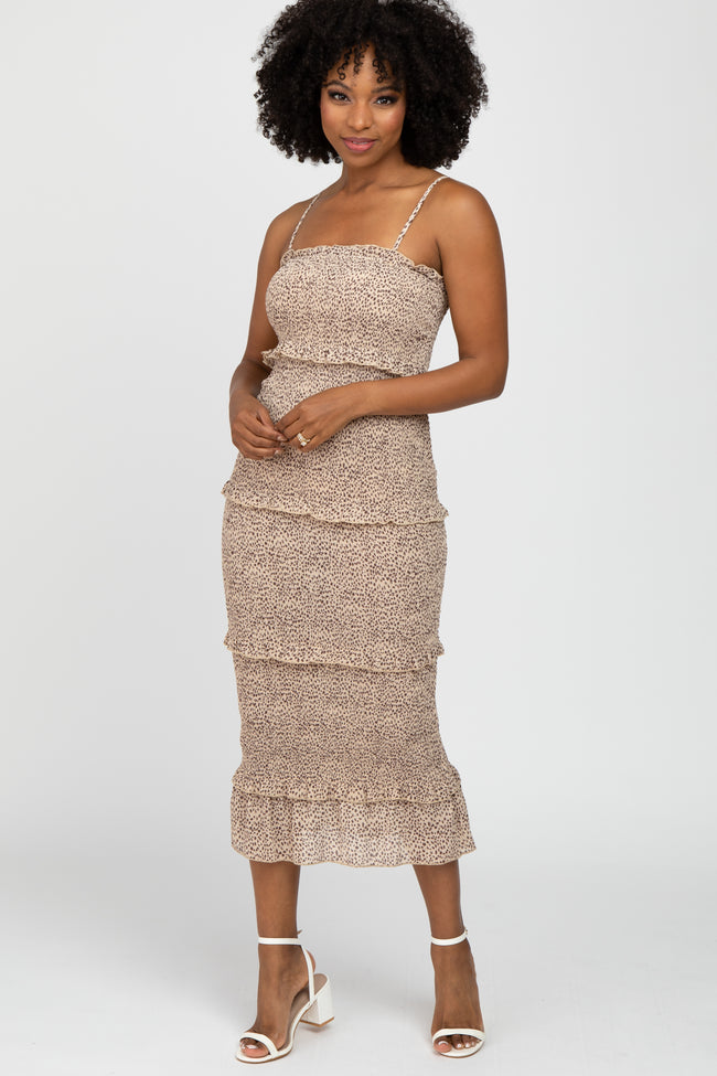 Taupe Animal Print Smocked Fitted Midi ...